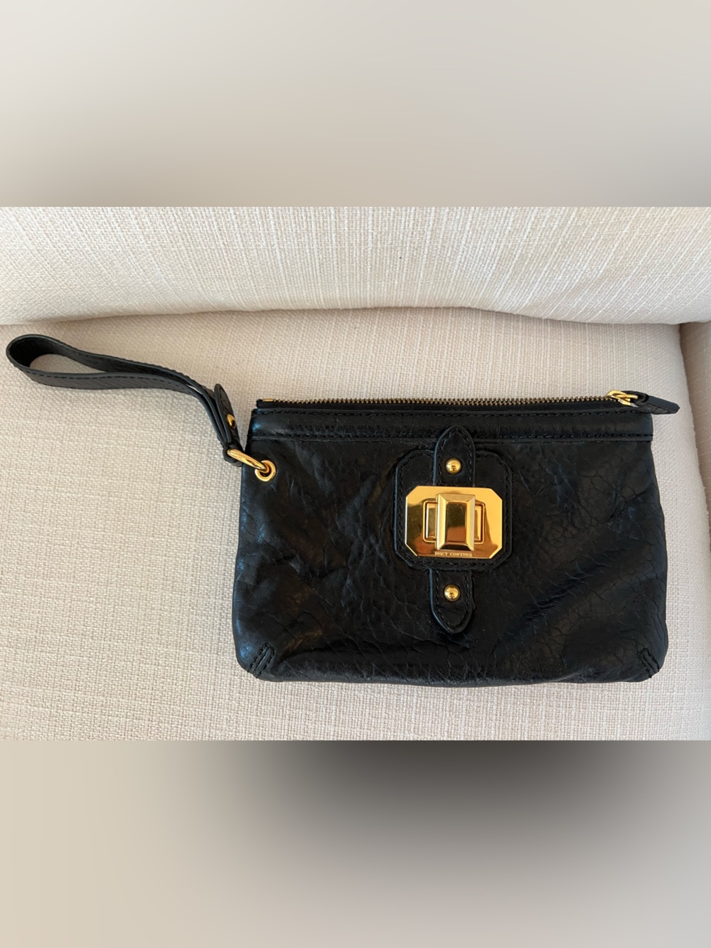 Juicy Couture Black Leather Wristlet Clutch with Gold Hardware